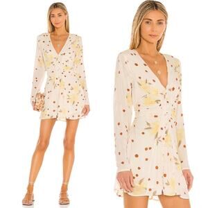 FREE PEOPLE Date Night Mini Dress Sunshine Combo Floral Yellow Red Buttons XS